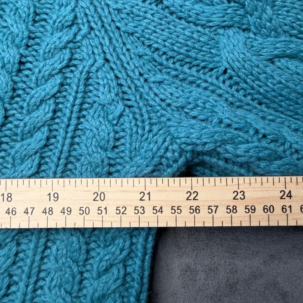 Lands' End Cable Knit Cardigan Sweater Womens M Teal Wool Belted Fisherman NEW